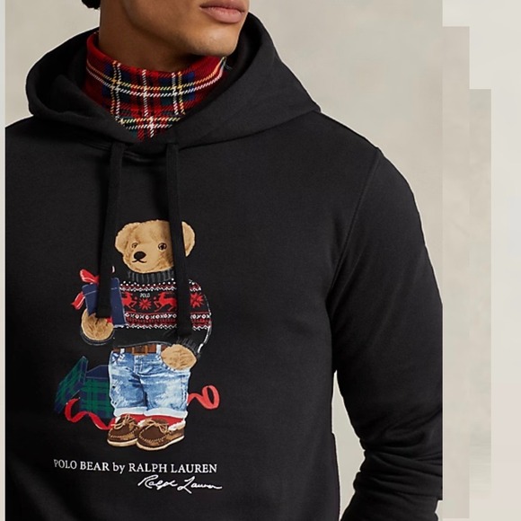 Polo Ralph Lauren Mens Polo Bear Fleece Hoodie Black Holiday Graphic Medium